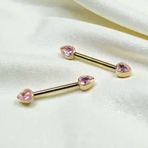 Pink CZ Nipple Piercing Ring Titanium Gold Tone 14g Body Jewelry for Women