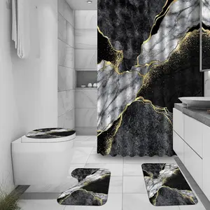 4 Pcs Marble Shower Curtain Sets, Gold Cracked Lines Crystal Geode Black Grey Bathroom Decor, Rug Toilet Lid Cover and Non-Slip U Shape Mat, Waterproof Polyester Shower Curtain with 12 Hooks, 72 x 72