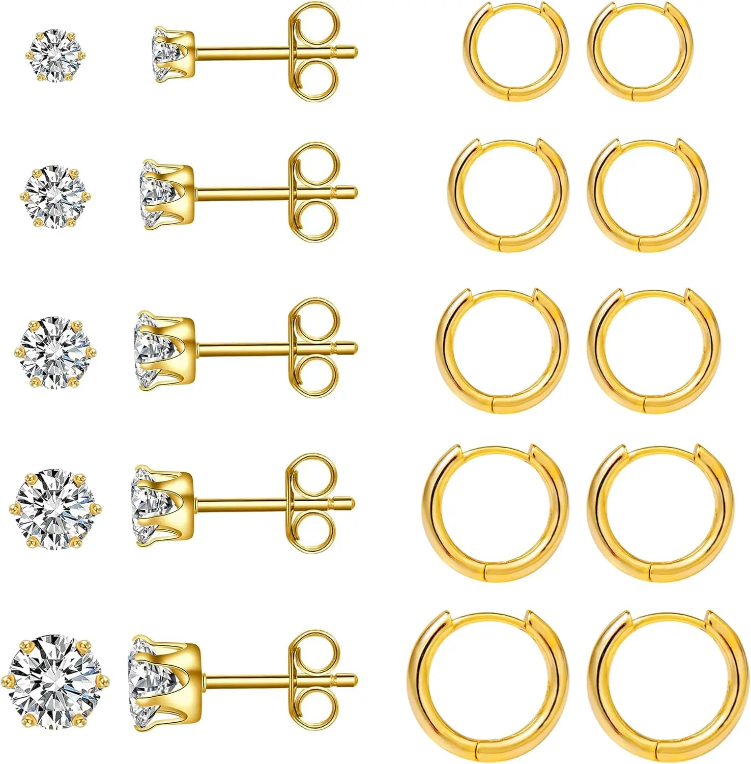 10 Pairs Earring Sets for Multiple Piercing 14K  Plated Studs Earrings and Hoops Set  Small Hoop CZ Stud Earing for Women Men