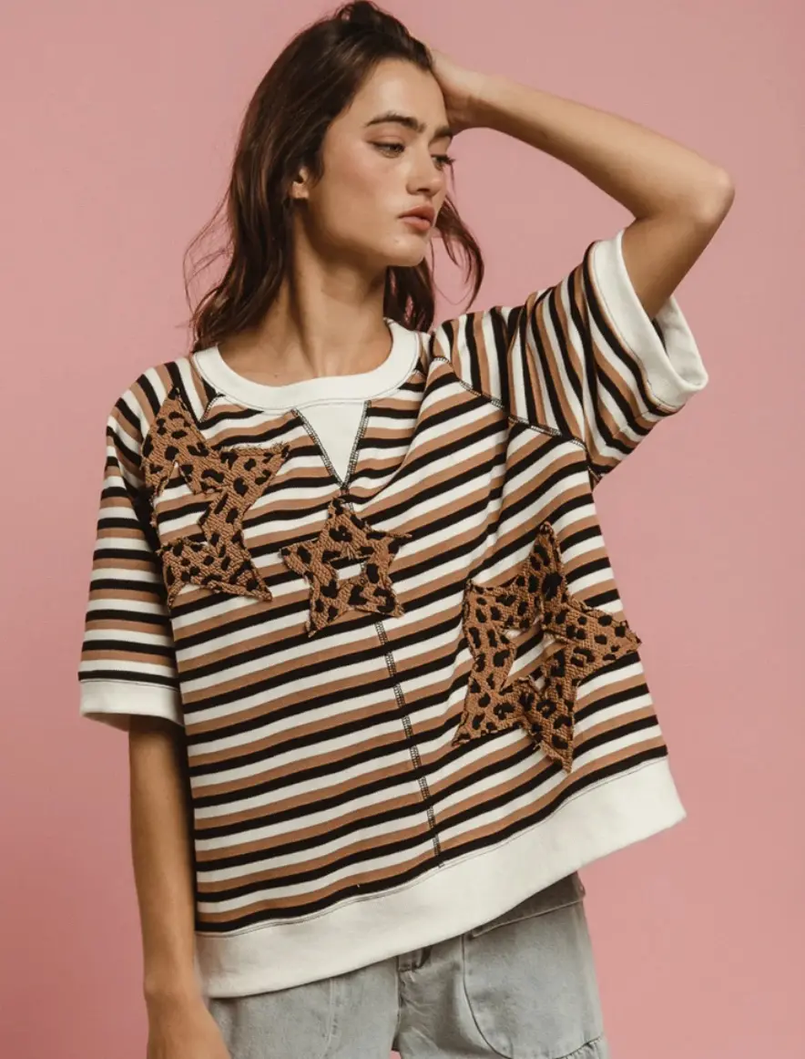 BiBi Women's Casual Stripe Top, Boxy Cotton Short Sleeve Tee with Drop Shoulders, Star and Cheetah Patchwork