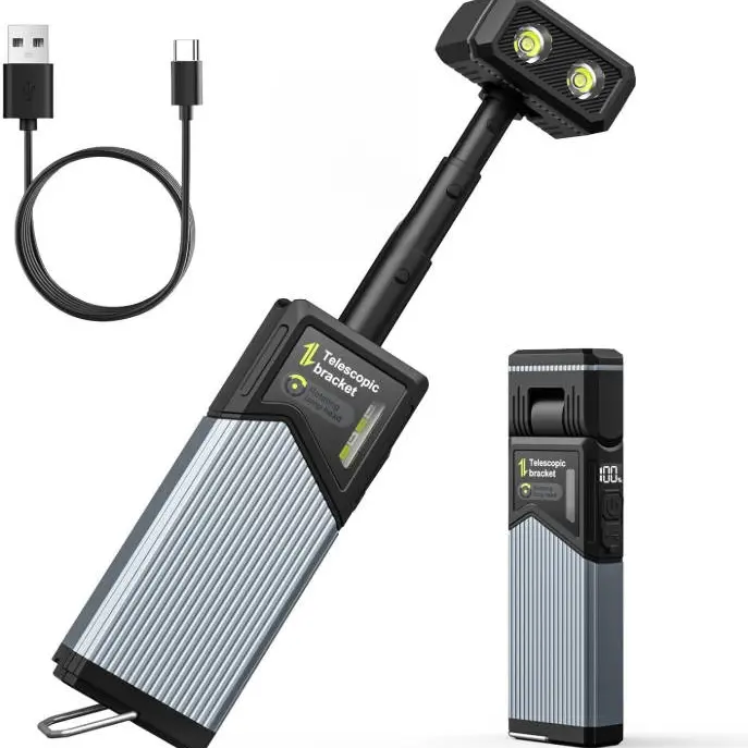 Professional Compact Smart Telescopic Magnetic Base Work Light - 5-Mode USB-C Charge LED Inspection Lamp with Digital Display, Rotating Head, Folding Hook, IP44 Rating, 160g, Red Light, USB Rechargeable Flashlight for Car Repair Mechanics, Camping