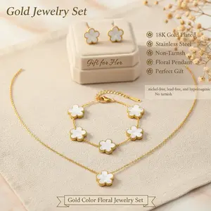 VNOX 18 K Gold Plated Flower design Matching jewelry sets , Elegant Necklace & Bracelet bangle & Stud Earrings , Stainless Steel Non Tarnish Floral Pendant , Hypoallergenic , Everyday Fashion Accessory , trendy Jewelry Set For Valentine's Day Gift