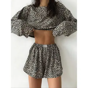 Women's leopard print pajama set, long sleeved shorts two-piece set, casual loose home wear, Spring and Autumn new pajama set
