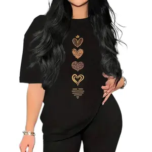 Women's Heart Print SS T-Shirt: Crew Neck Loose Fit, Moderate Thick Fabric, Breathable Non-Sweaty, Versatile For Commute
