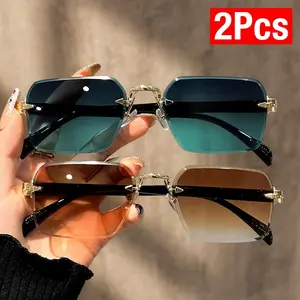 2 Pack 2026 New Rimless Cut Edge Sunglasses For Women With Korean Style UV400 Protection Trendy Daily Wear summervibes glasses