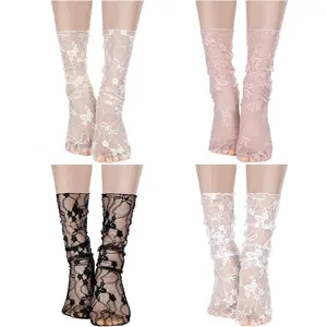 4 Pairs Women Sheer Slouch Socks - Lace, Mesh, Novelty Decorated, Nylon, Loose Ankle High
