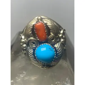 Navajo ring coral turquoise band sterling silver women men q