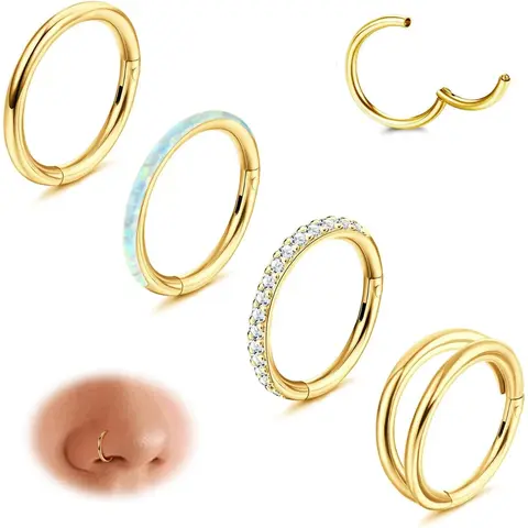 Jstyle Surgical Steel Female Nose Rings Set - 16G/18G Opal CZ Hinged Clicker Hoops, 8mm/10mm Body Jewelry for Daily Wear, Septum Ring, Rook Piercing, Belly Piercing Jewelry