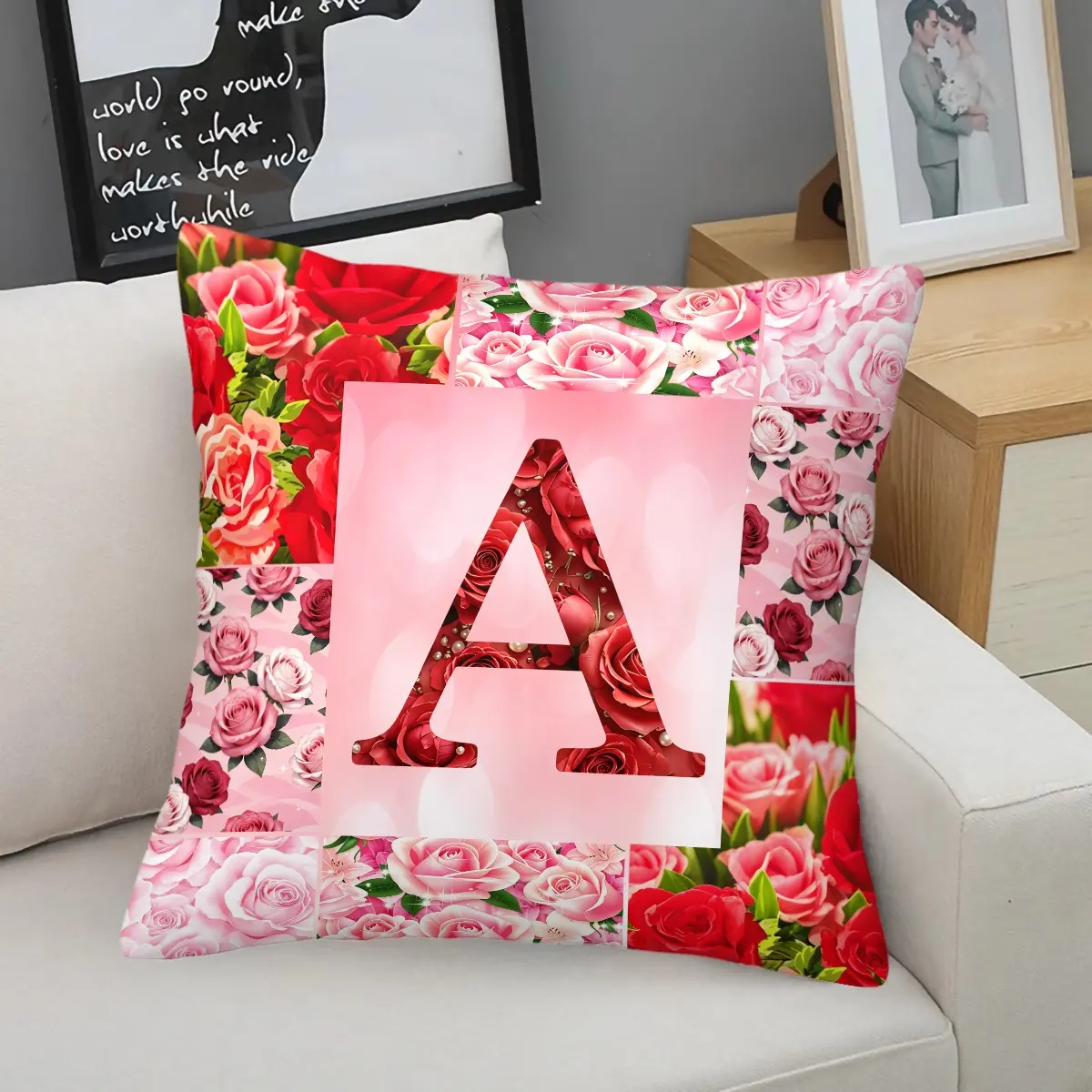 Rose Alphabet A-Z Printed Pillow (Pillow Core), Retro Fashion Decorative Cushion, Home Decor Soft Pillow, Zippered Square Pillow; Perfect for Sofa, Living Room, and Bedroom Decorations, and an Ideal Gift for Trendy Young Adults.