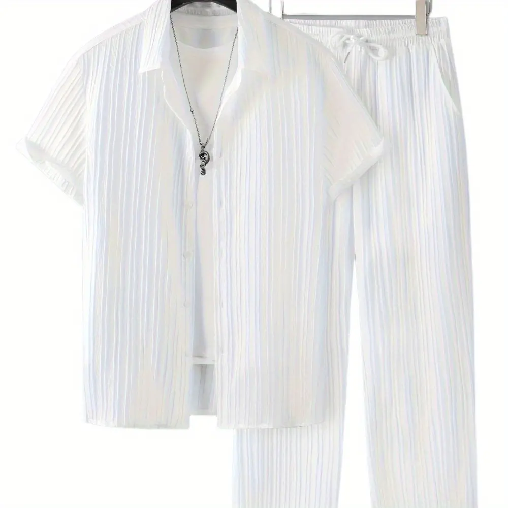 Men's Knit 2-Piece Outfits: Short-Sleeve Lapel Shirt & Wide-Leg Drawstring Trouser for Summer Beach Vacations, Plain, Casual, Clothes, Menswear