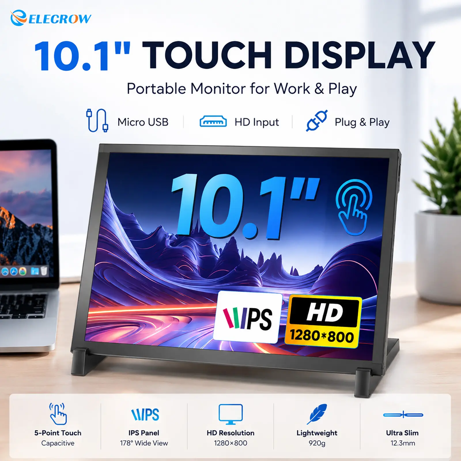 ELECROW 10.1" Touch Screen Portable Monitor | IPS Display | Micro-USB & HDMI | Plug & Play for Laptop, Mini PC & Raspberry Pi,Multi-System Compatible