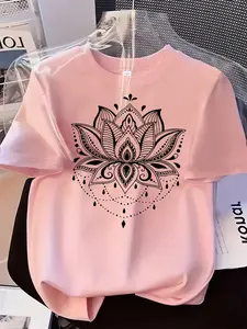 Mandala Lotus Print Womens Crew Neck Short Sleeve Essential T Shirt Top Three Colors Available Boho Bohemian Vibe Style Loose Fit Soft Breathable Casual Versatile For Daily Commute And Travel