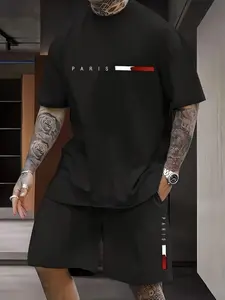 Men's two-piece set: a casual short-sleeved T-shirt with a round neck and lettering print, paired with drawstring shorts – perfect for casual, stylish everyday wear Outfit