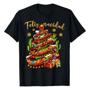 Feliz Navidad Mexican Christmas Tree Sombrebro T-Shirt Versatile Women's T-Shirts