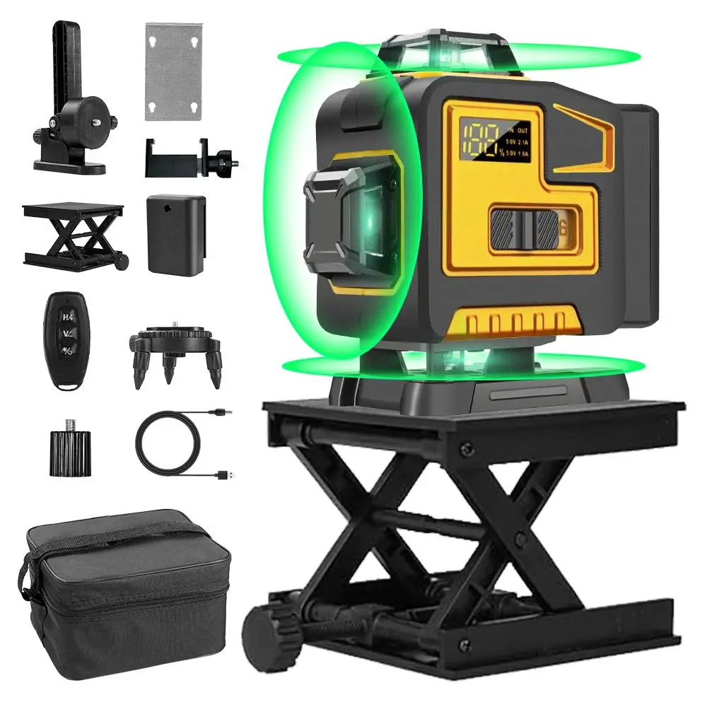 4D Green Cross Line Level, Self Leveling Green Laser Level, Laser Measurement Tool for Construction and Picture Hanging, Portable Laser Level