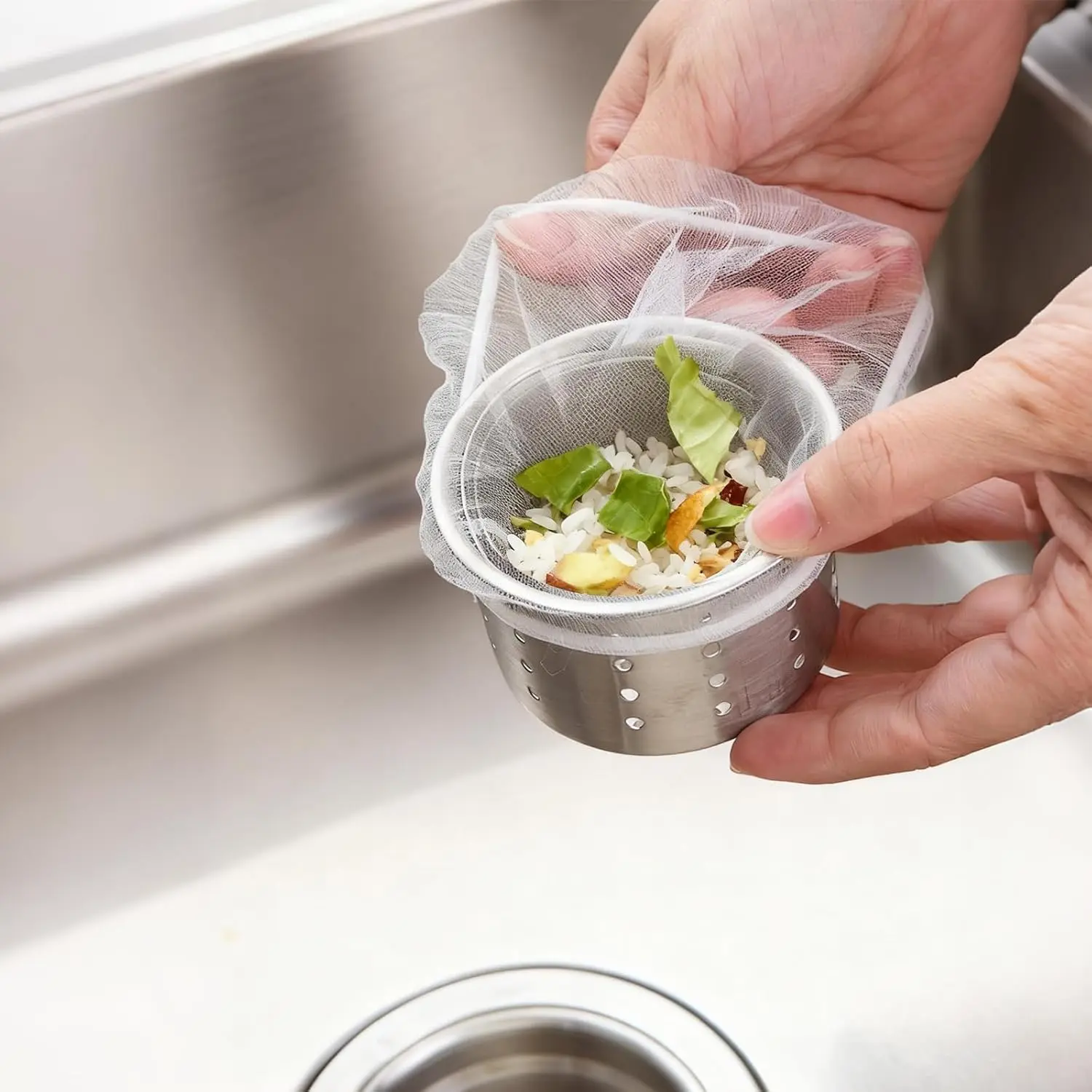 400-Pack Compact Polyester Disposable Drain Covers, 4x4 in Ultra-Fine Mesh Grid Sink Strainer Bags, Universal-Fit Catcher Nets for Kitchen Food Scraps & Daily Hair Collection