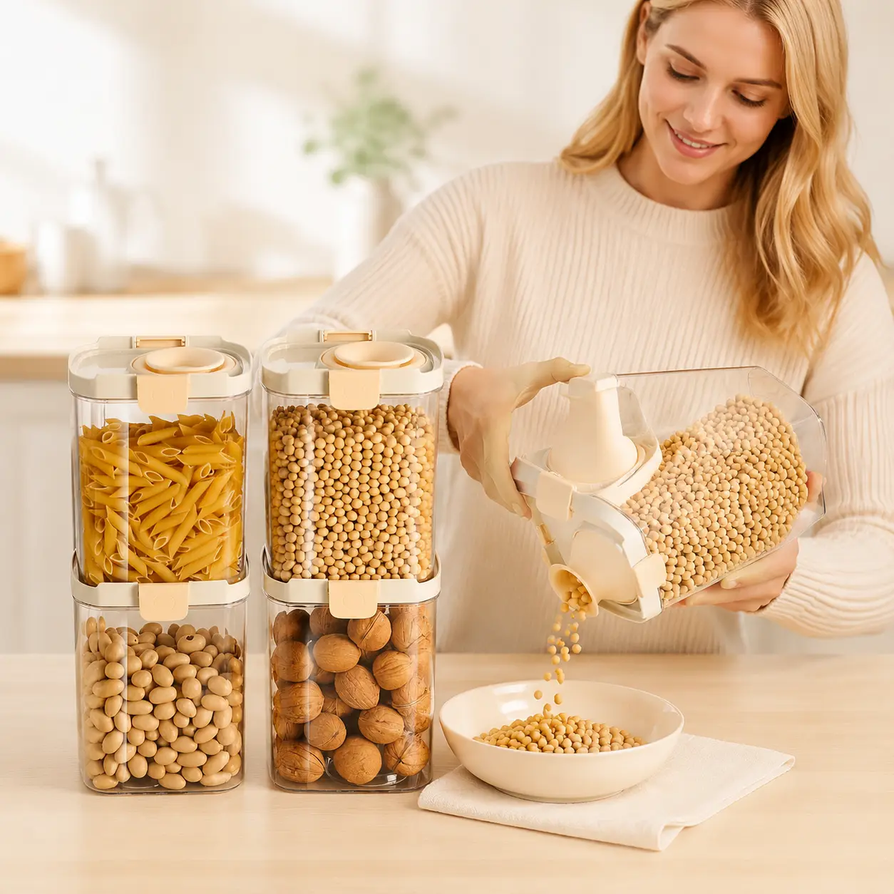 1 Count, Airtight Transparent Grain Storage Container Stackable Sealed Jar with Funnel Opening for Kitchen Dry Food Cereal Snack Storage