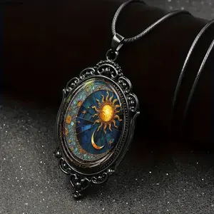 Women's Enchanting Sun and Moon Necklace - Oval Glass Pendant in Black Frame, Elegant & Mystical Jewelry, Gifts for Women, Women Gifts