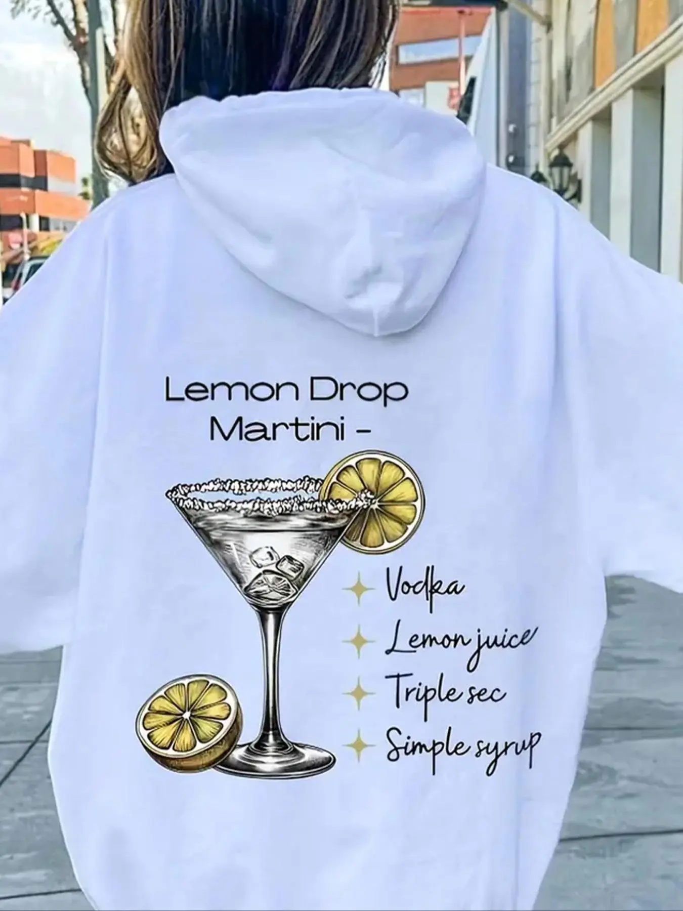 【Plus Size】 Lemon Drop Martini Print Hoodie, Casual Letter Graphic Long Sleeve Hooded Sweatshirt for Fall & Winter, Women's Clothing for Daily Wear