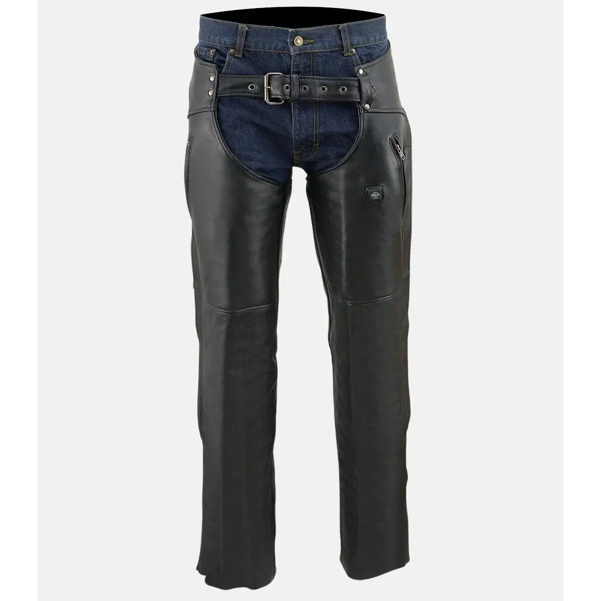 Men's Black Leather Chaps with Zippered Thigh Pockets