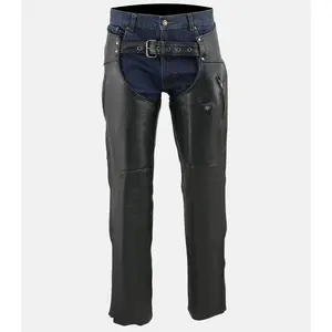 Men's Black Leather Chaps with Zippered Thigh Pockets