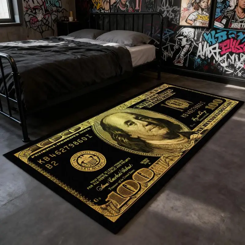 Black Gold 100 Dollar Bill Area Rug Non Slip Hip Hop Money Theme Carpet for Living Room Bedroom Game Room Decor