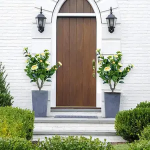 35in Artificial Camellia with Ground Spike-Fake Silk Topiary Trees for Home Decor Garden Patio and Indoor 2 Pack Yellow Decorative Flower Fruit Plants