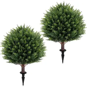Artificial Cedar Topiary Ball Tree 23" with Ground Spike, Set of 2 Artificial Boxwood Bushes for Faux Shrubs, Fake Faux Plant for Indoor Porch- UV Resistant – Fade-