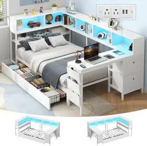Twin Corner Bed with Desk and Storage Bookcase, Daybed with 2 Drawers & 2 Storage Bins, Twin Size Platform Bed Frame with Charging Station and LED Light, Modern Teenagers Bedframe