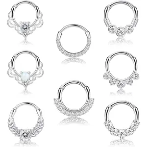 LOYALLOOK 8counts 16G Septum Clicker Ring Stainless Steel CZ Opal Cartilage Helix Tragus Hoop Daith Earrings Nose Rings Hoop Hinged Segment Clicker Ring Piercing Jewelry Accessory Conch