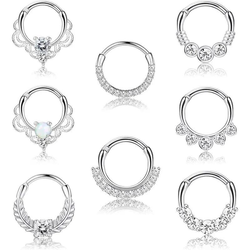 LOYALLOOK 8counts 16G Septum Clicker Ring Stainless Steel CZ Opal Cartilage Helix Tragus Hoop Daith Earrings Nose Rings Hoop Hinged Segment Clicker Ring Piercing Jewelry Accessory Conch