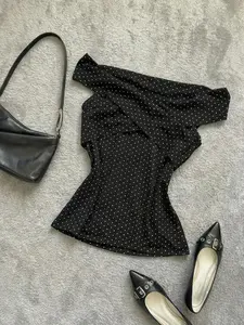 Elegant One-Shoulder Black Polka Dot Blouse for Women, Fall & Winter Slim Fitted Top, Perfect for Daily Wear, Stylish, Fashion and Comfortable