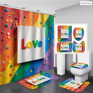 1/3/4PCS Rainbow themed Tote Bag with Love Letters Shower Curtain Set with Rugs, Non Slip Bath Mat, U-Shape Carpet, Toilet Lid Cover, Polyester Fabric Bathtub Curtain Accessories, 12 Hooks, Home Bathroom Festiv