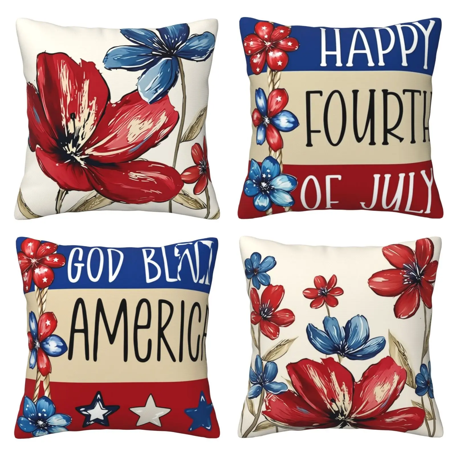 God bless the Poppy Star Spangled Banner Pillow Set, Happy July 4th, Fourth of July, Patriotism Independence Day Memorial Day American Flag Cushion Set Decoration Set, 4-piece Set Double sided Printed