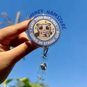 Raccoon Tired Club Badge Reel with ID Belt Clip Cute Design Acrylic for Children Gift Work Accessories Nurses Medical Teacher Student