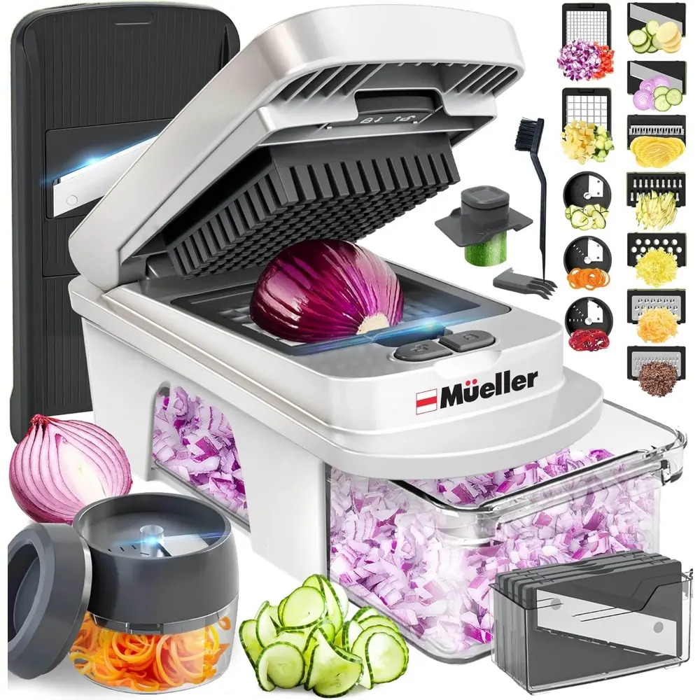 All-in-One, 12 Blade Mandoline Slicer For Kitchen, Food Chopper, Vegetable Slicer and Spiralizer, Cutter, Dicer, Grater, Kitchen Gadgets Sets With Container, White Sand/Gray