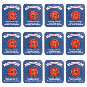 1 1/4" Patriotic Red Poppy Flower Metal Pins with Card - 12 Pc.