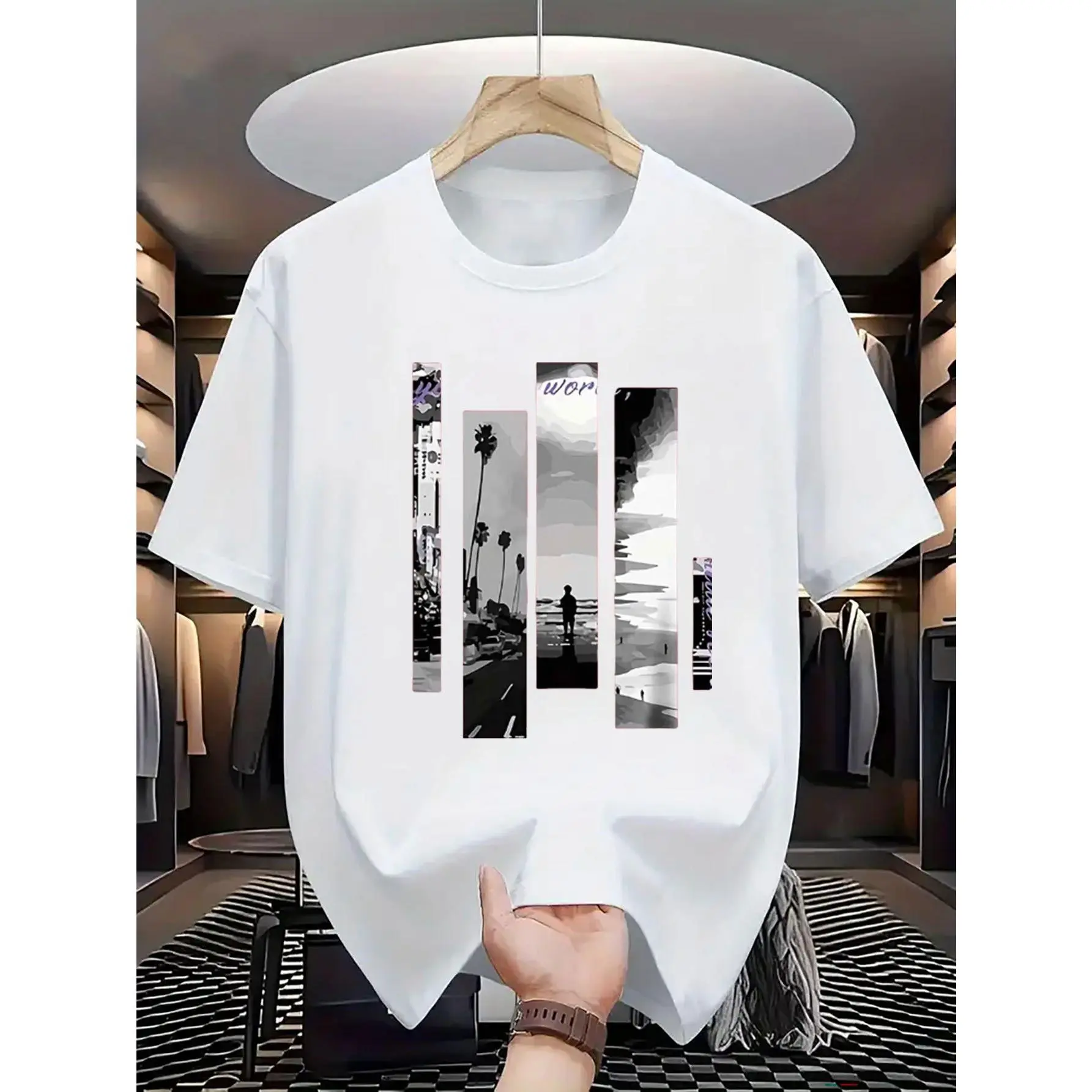 Men's Casual Graphic Tee, Soft Polyester Jersey with a Seaside Print, Lightweight Crew Neck for Summer Streetwear & Vacation, Stylish, Tshirt, Lettering, Relaxed, Loose-Fitting, Machine Washable, Plus Size, Normal Type, Short, Outdoors, Slight, Formal, To