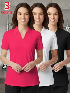 Women's Moisture-Wicking Breathable Polo Shirt Set, Casual Fitted Short Sleeve Tee for Running Golf Sports, 3 Piece Pack