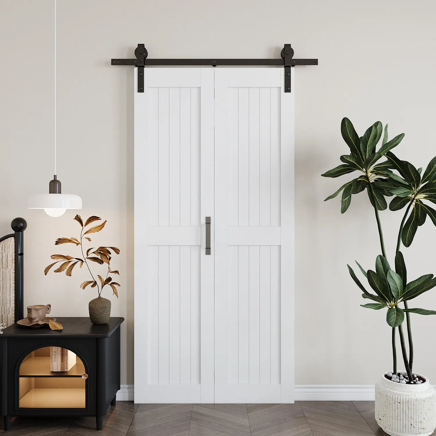Sliding Bifold Barn Door for 30"-40" Openings, Pre-Assembled Scratch-Resistant Solid Core Solid MDF Wood Panel, Space-Saving Barn Look Door with Complete Hardware Kit, Handle, Floor Guides, Pre-Drilled Holes, Installation Manual, Sliding Barn Doors