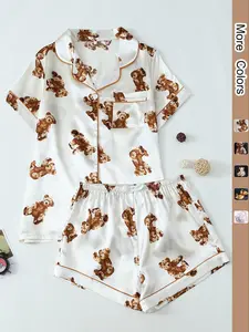 Women's Cartoon Bear Print Lapel Neck Short Sleeve Pajama Set, Casual Comfy Short Sleeve Pajama Set for Women, Women's Sleepwear for Spring & Fall, Pajamas Sleepwear, Print Satin Sleepwear, Shorts Pyjama Set