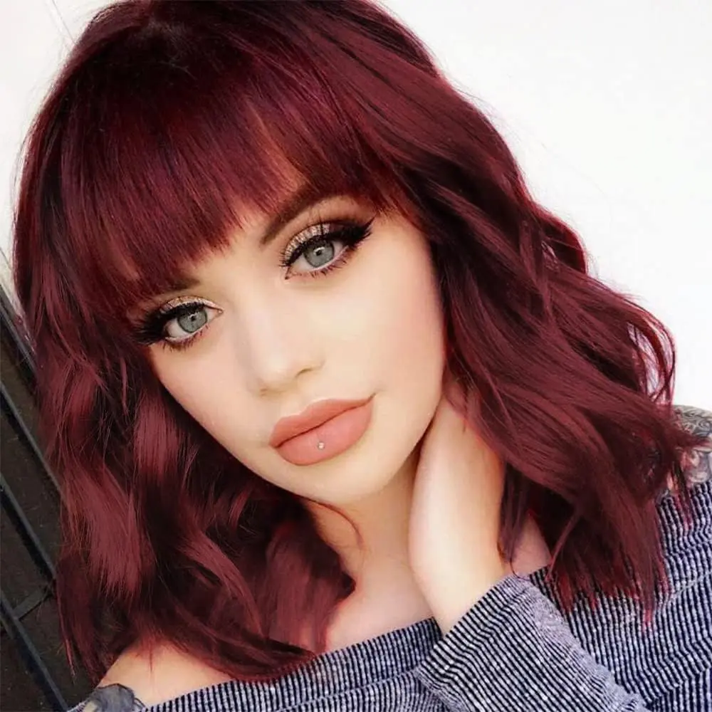 AISI HAIR Bob Curly Wig Synthetic Short Wine Red Wig with Bangs Natural Looking Heat Resistant Fiber Hair for Women Wavy Ombre Wig Soft Wave Wig