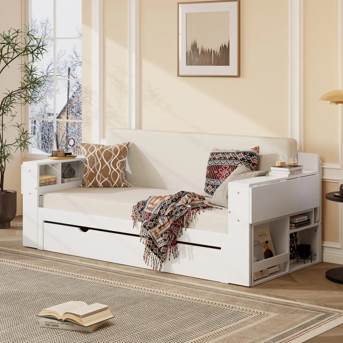 Queen Size Classic 4-in-1 Multifunctional Sofa Bed Daybed with Removable Desk, Storage Drawers, Hydraulic Lift Side Table for Small Spaces (White)