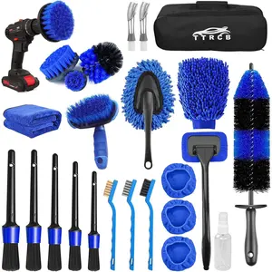 26Pcs Car Detailing Brush Set with Windshield Cleaner, Wheel & Tire Brushes, Microfiber Wax Applicator, Interior Exterior Cleaning Kit for Car Care
