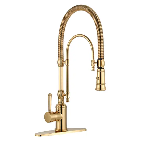 WOWOW Modern Gold Solid Brass High Arc Gooseneck Spout Kitchen Faucet - 2-Function Single Handle, Magnetic Dock Pull Down Sprayer, Spring Tube Gold Kitchen Faucet for Home Use, Gold Kitchen Faucet