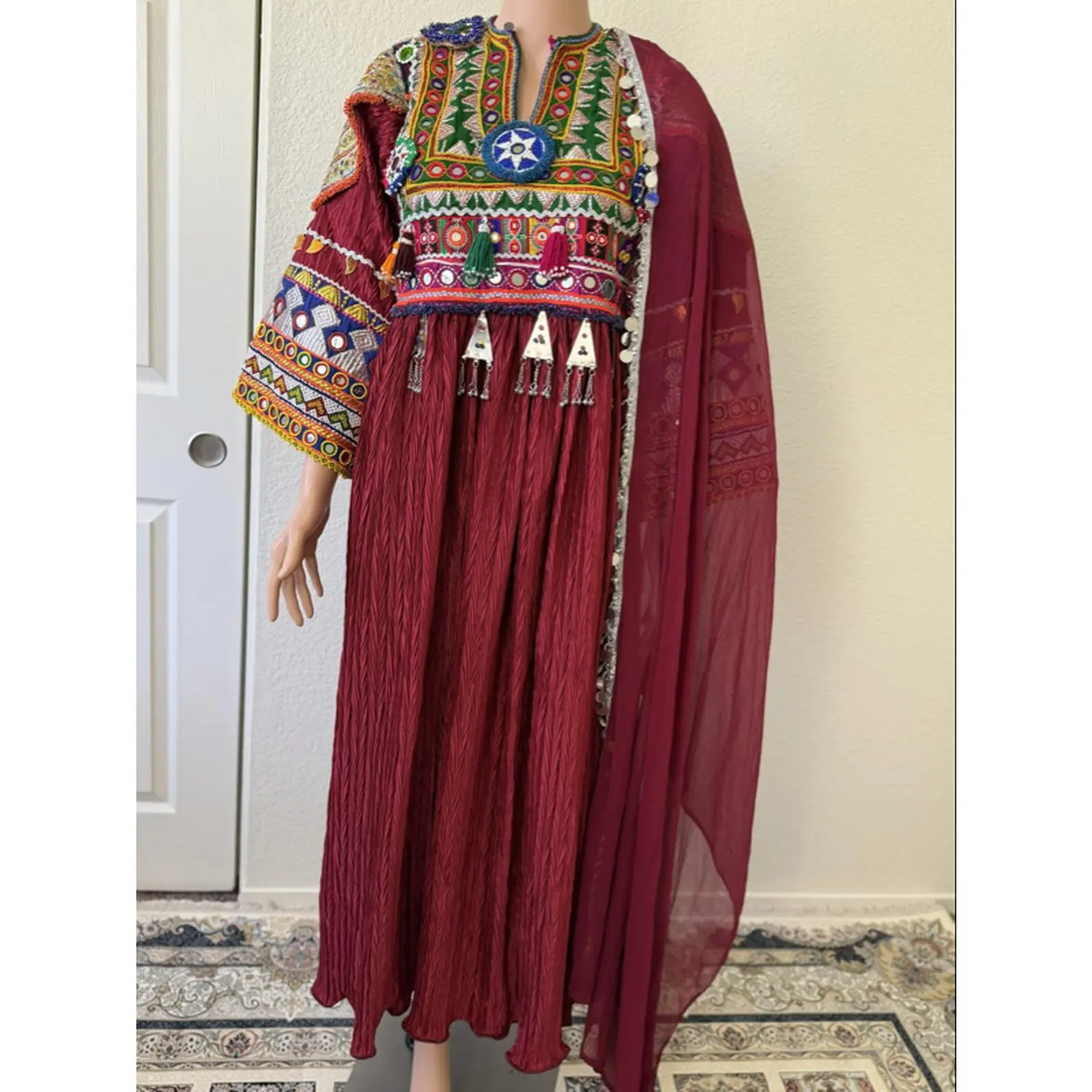 Afghan Kochi Dress in Rich Burgundy with Hand-Embroidered Traditional Designs for Eid Weddings and Special Occasions Size M