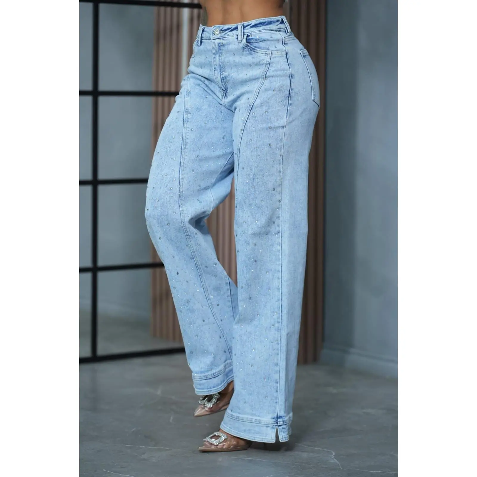 Glam Rhinestone Jeans for Women, Full Embellished Sparkly Denim Pants, Modern Statement Comfortable Bottoms, Exclusive Design, Jean Pants, Rhinestones, Sparkle Effect, Embellished Jeans, Statement Look, Lady, Denim Fabric, Sparkling Detail, Glamorous Jean