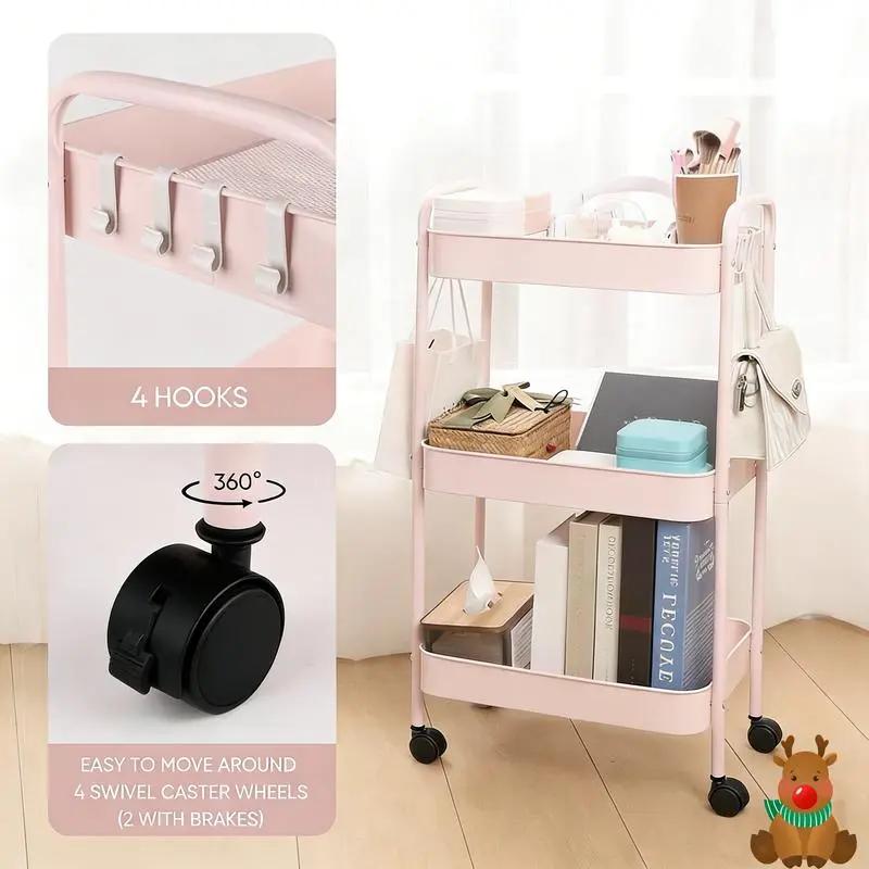 Pink Rolling Storage Trolley – 3-Tier Metal Organizer with Lockable Casters for Office, Kitchen, Bathroom & Dorm Use – Large Capacity for Supplies, Makeup, Crafts