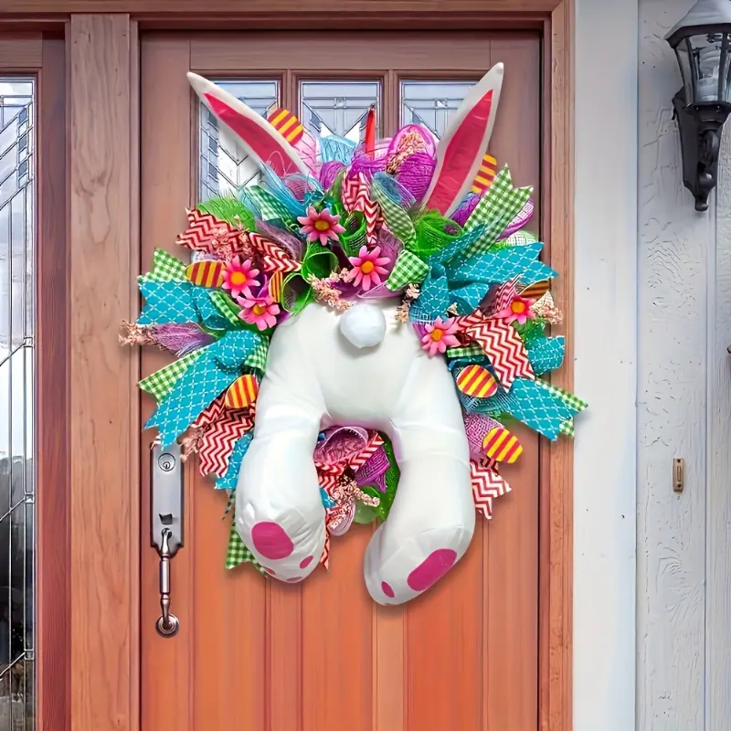 Easter Spring Holiday 1pc NLDD Classic Bunny Wreath - Plastic Featherless Indoor/Outdoor Wall Hanging Decor, No Electricity Needed, Easter Tree & Window Ornament, Animal Theme Decoration