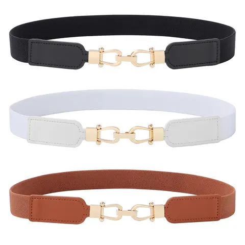 AWAYTR Women's 2-3 Pack Casual Elastic PU Faux Leather Belts with Retro Interlocking Buckle - Everyday Waistband for Dresses, Jeans, Unique Gift for Daughters, Wives, Wife